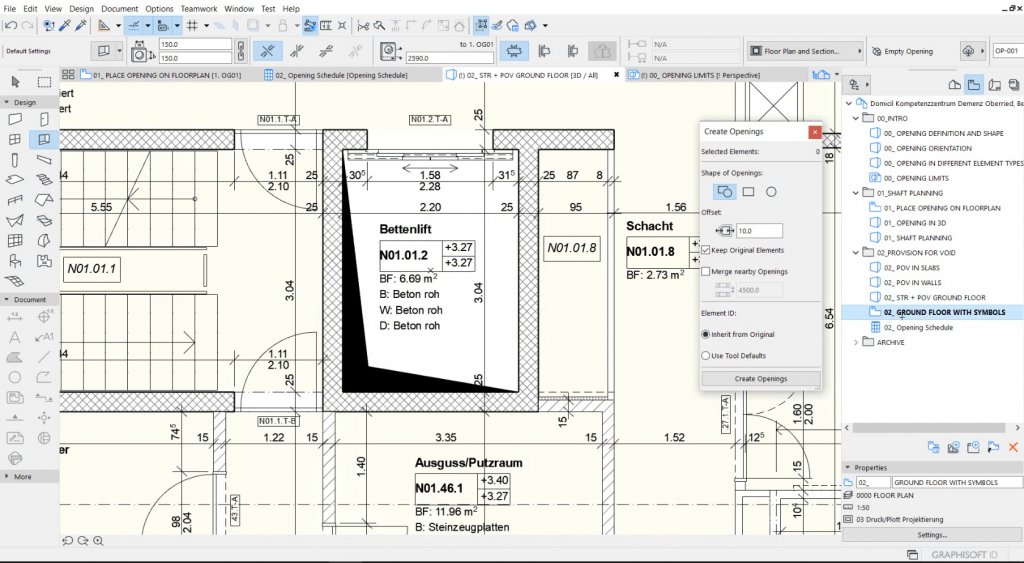 Рабочий план с размерами и марками в Archicad