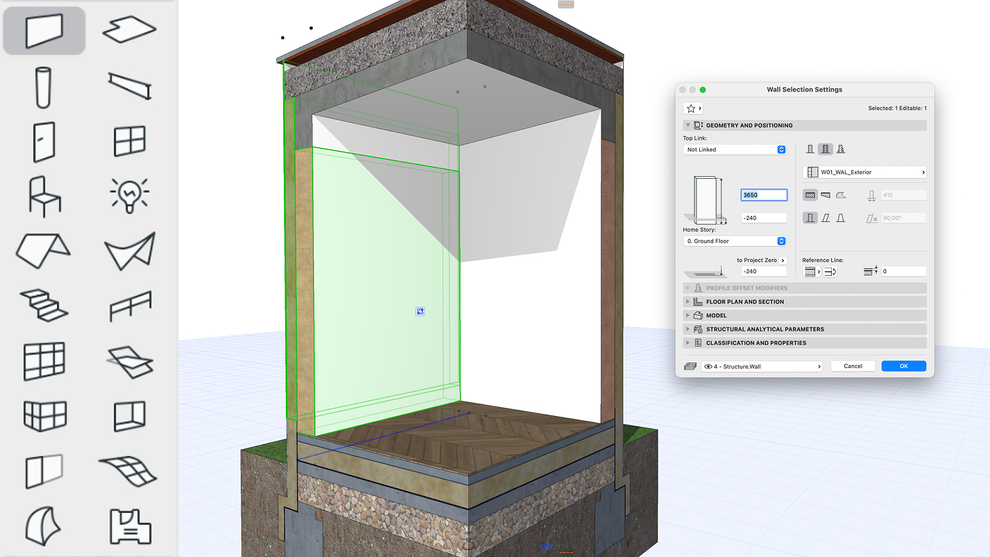 Интерфейс Archicad: разрез стены и параметры элемента
