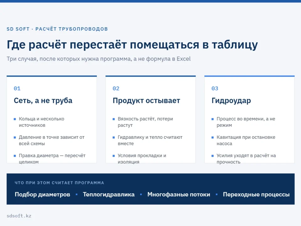 Три случая, когда гидравлический расчёт трубопровода перестаёт помещаться в таблицу: сложная сеть, изменение температуры продукта и гидроудар