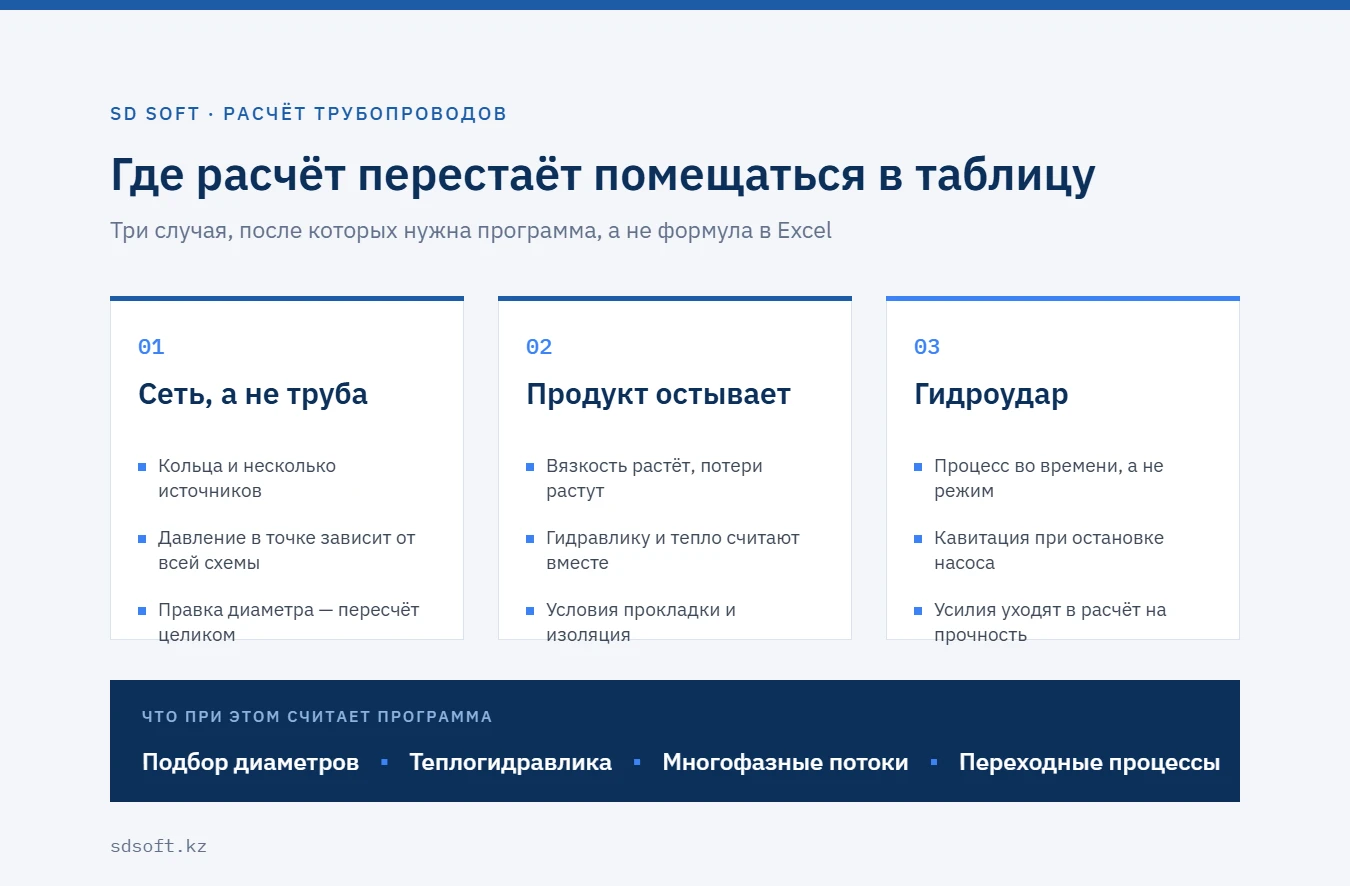 Три случая, когда гидравлический расчёт трубопровода перестаёт помещаться в таблицу: сложная сеть, изменение температуры продукта и гидроудар