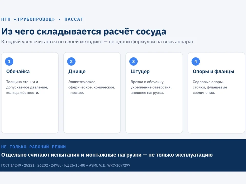 Схема расчёта сосуда на прочность: обечайка, днище, штуцер, опоры и фланцы