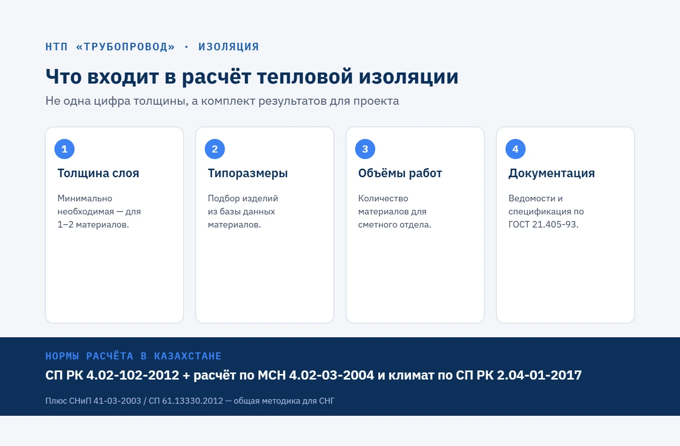 Схема расчёта тепловой изоляции трубопроводов: толщина слоя, типоразмеры, объёмы работ, документация