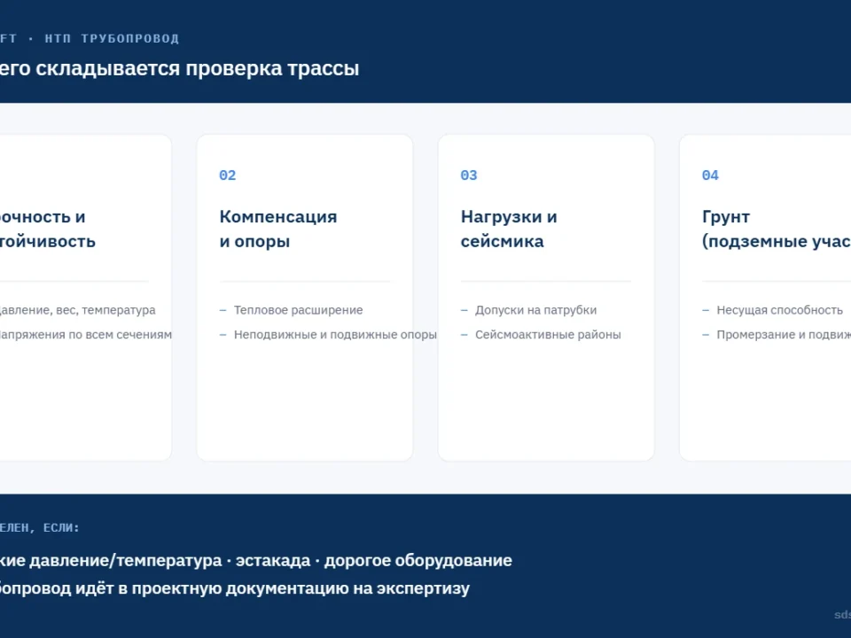 Инфографика: из чего складывается расчёт трубопровода на прочность — прочность и устойчивость, компенсация и опоры, нагрузки и сейсмика, грунт для подземных участков