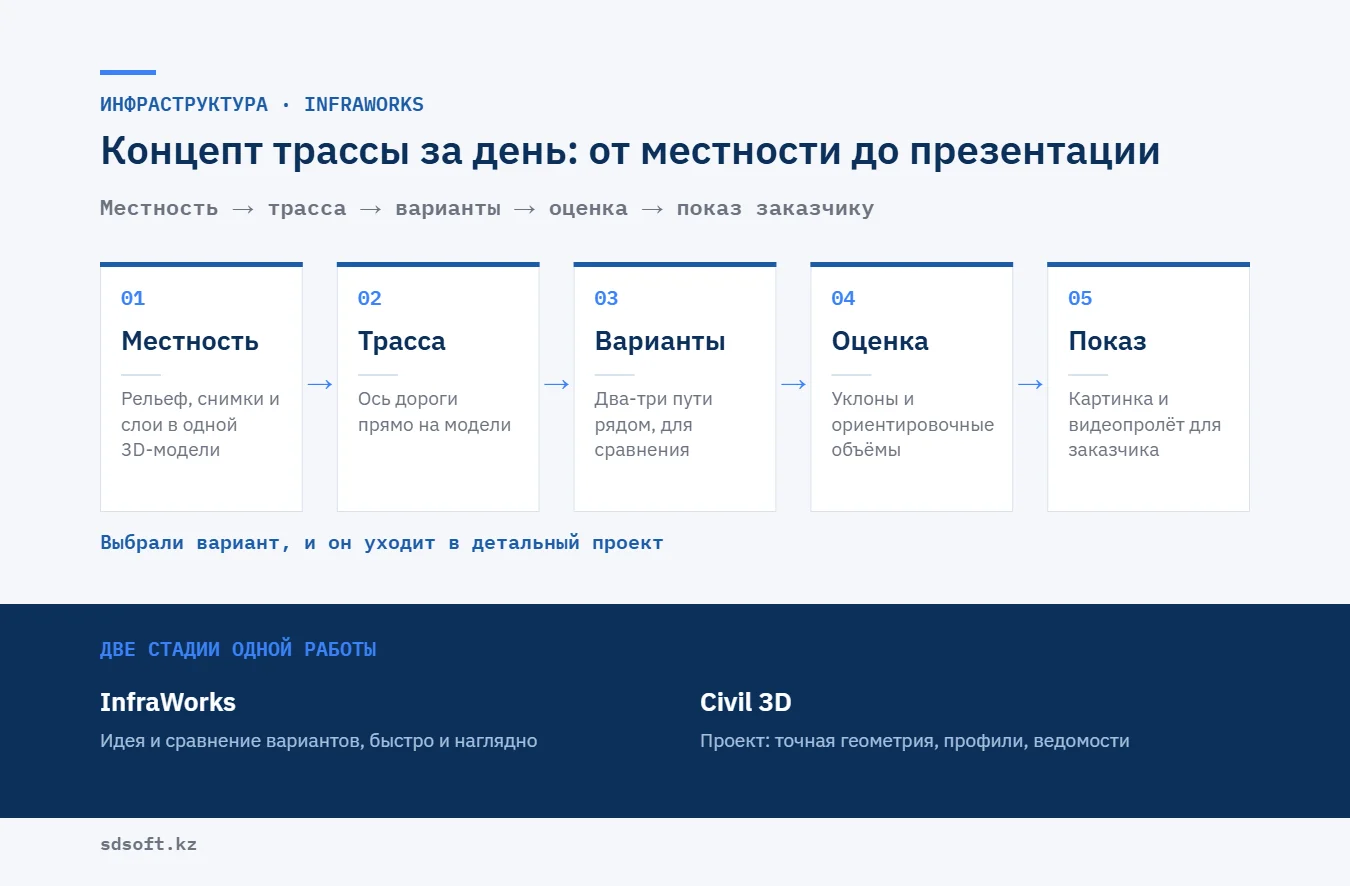 Инфографика: InfraWorks — концепт трассы за день: местность, трасса, варианты, оценка и показ заказчику, затем детальный проект в Civil 3D
